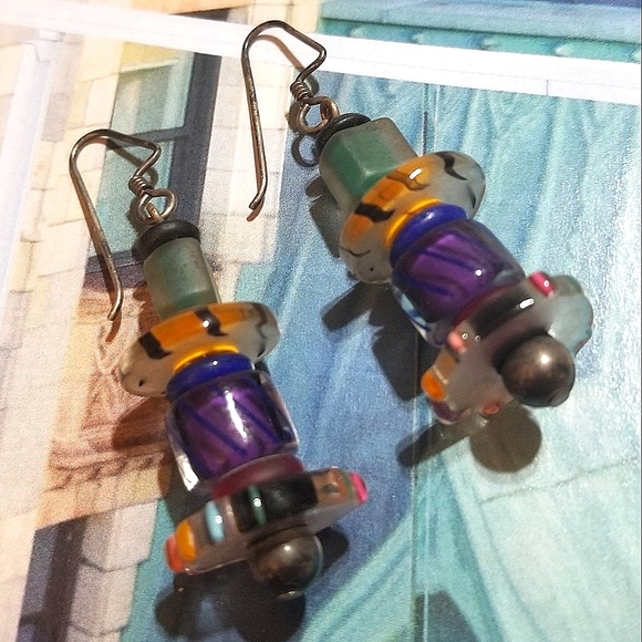 Vintage Jewelry - 1960s Artisan Art Glass Bead Long Earrings